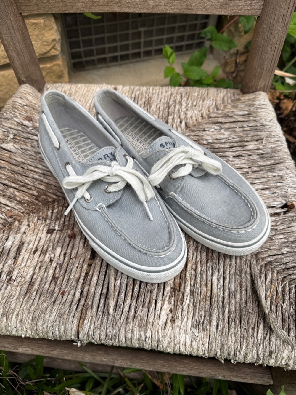 Sperry Gray Canvas Boat Shoes with White Laces